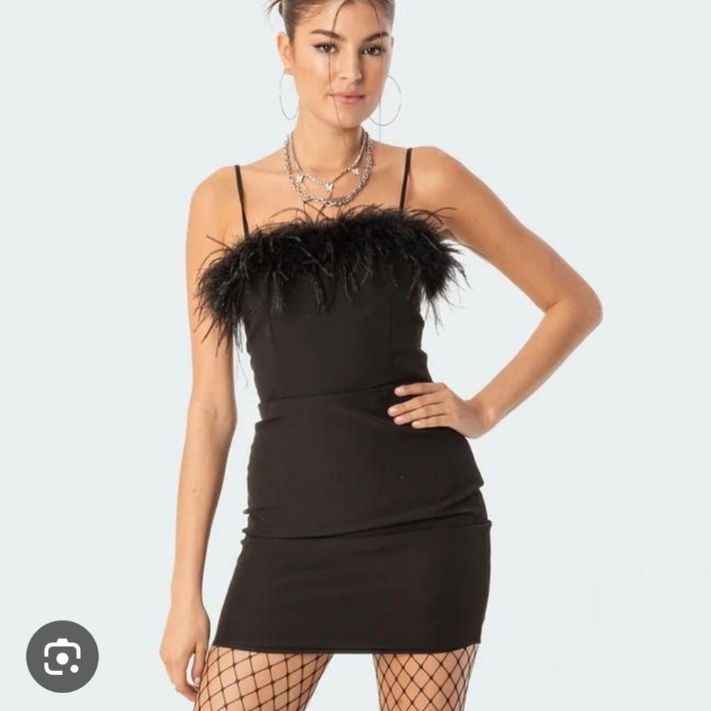 NWT Crystal Sky Feather Trim Black Mini Bodycon Dress Clueless 90s L